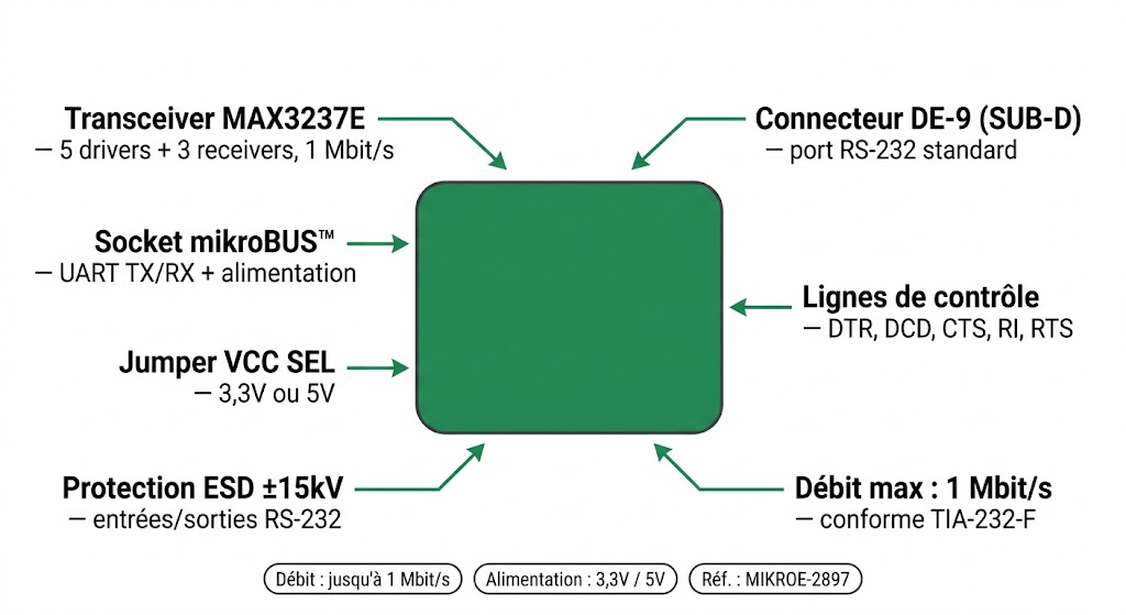 Spécifications visuelles du RS232 2 Click MIKROE-2897 — MAX3237E, DE-9, mikroBUS, 1 Mbit/s