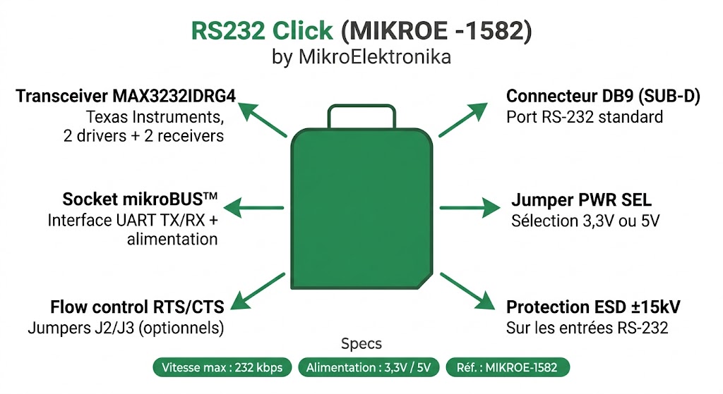 Spécifications visuelles du RS232 Click MIKROE-1582 — MAX3232, DB9, mikroBUS