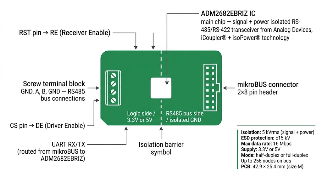 Spécifications visuelles du RS485 Isolator Click MIKROE-2673 – ADM2682EBRIZ, isolation 5kVrms, connecteur mikroBUS, bornier RS485