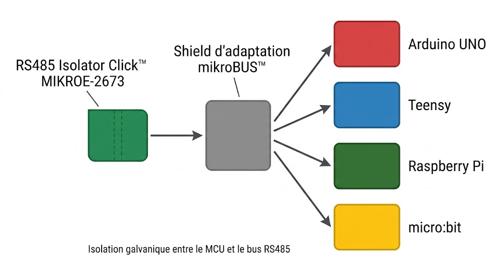 RS485 Isolator Click MIKROE-2673 avec shield d'adaptation pour Arduino, Raspberry Pi, micro:bit et Teensy