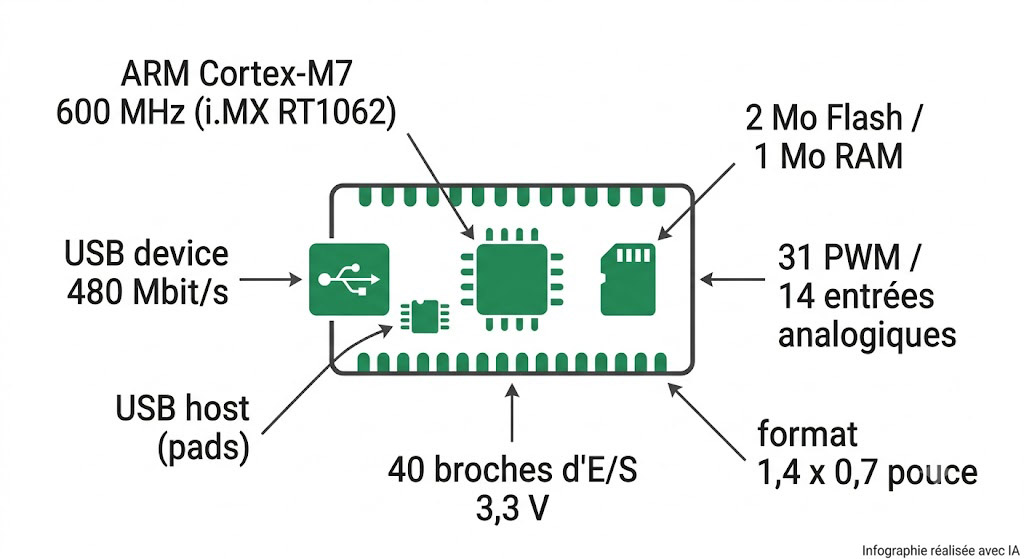 Spécifications de la Teensy 4.0 : MCU i.MX RT1062, USB, broches d'E/S 3,3 V