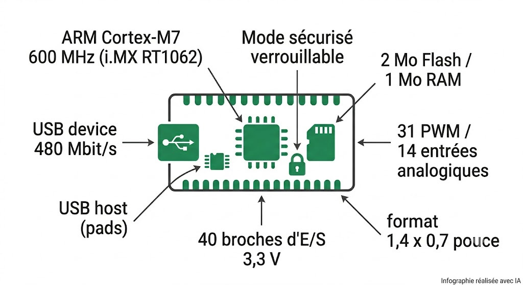 Spécifications de la Teensy 4.0 verrouillable : MCU i.MX RT1062, mode sécurisé, broches 3,3 V
