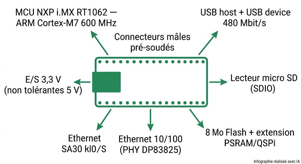 Spécifications visuelles de la Teensy 4.1 : MCU i.MX RT1062, Ethernet, USB host, micro SD et connecteurs pré-soudés