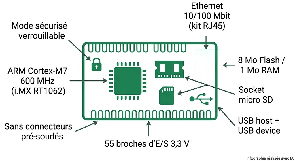 Spécifications de la Teensy 4.1 verrouillable avec Ethernet : mode sécurisé, PHY Ethernet, sans connecteurs, MCU i.MX RT1062