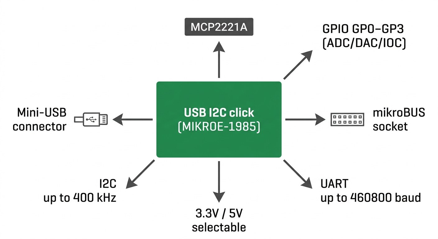 Spécifications visuelles du module USB I2C Click MIKROE-1985 — MCP2221A, interfaces I2C, UART, USB et GPIO
