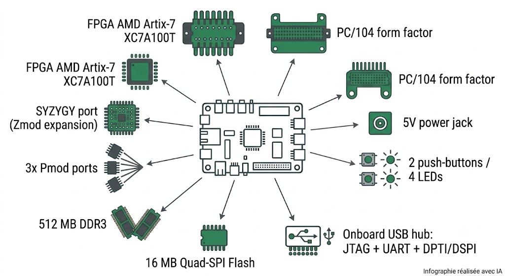 Spécifications visuelles de la carte FPGA USB104 A7 : Artix-7 XC7A100T, port SYZYGY, Pmod, DDR3, hub USB, format PC/104