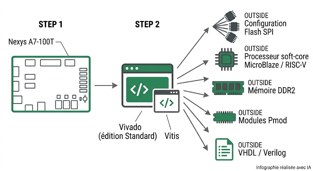 Chaîne d'outils de l'USB104 A7 : Vivado, Vitis, MicroBlaze, Adept, modules Zmod et Pmod