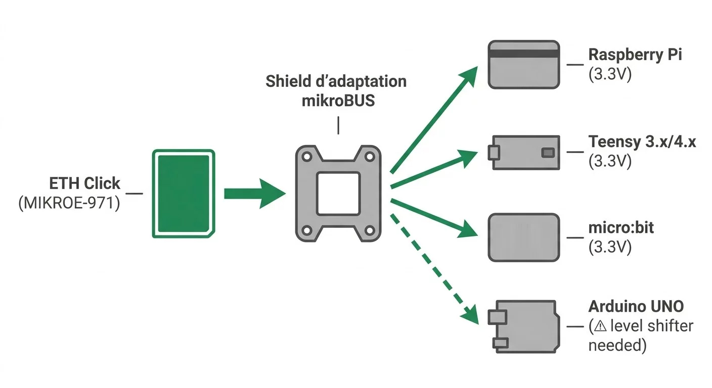 ETH Click MIKROE-971 avec shield d'adaptation pour Raspberry Pi, Teensy, micro:bit et Arduino