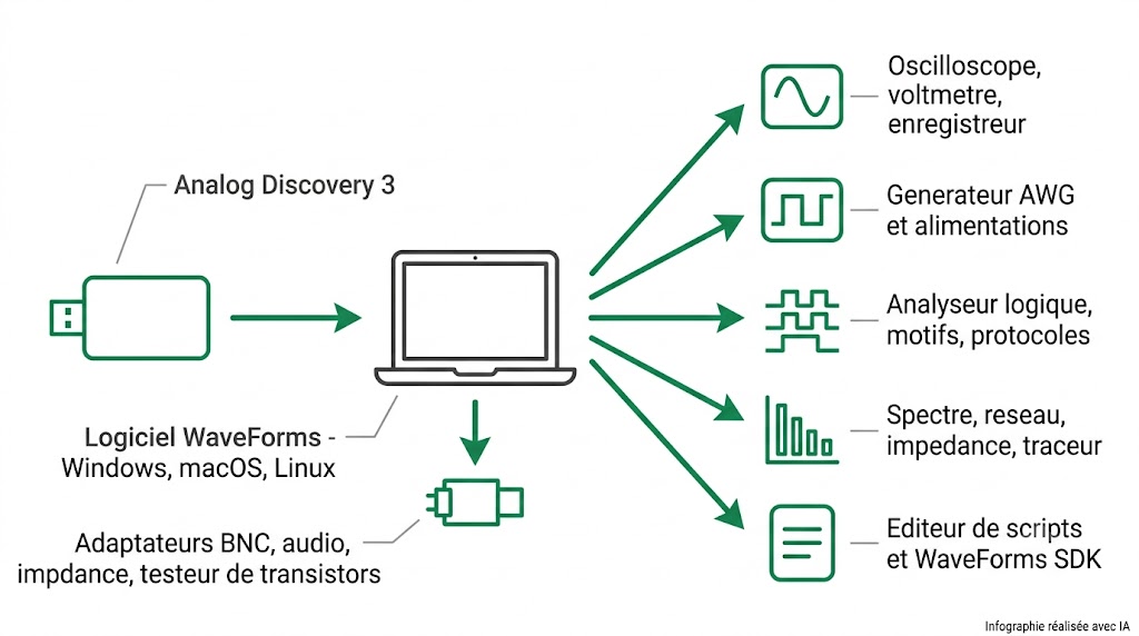 Chaîne d'outils de l'Analog Discovery 3 : logiciel WaveForms, instruments virtuels, SDK et adaptateurs compatibles
