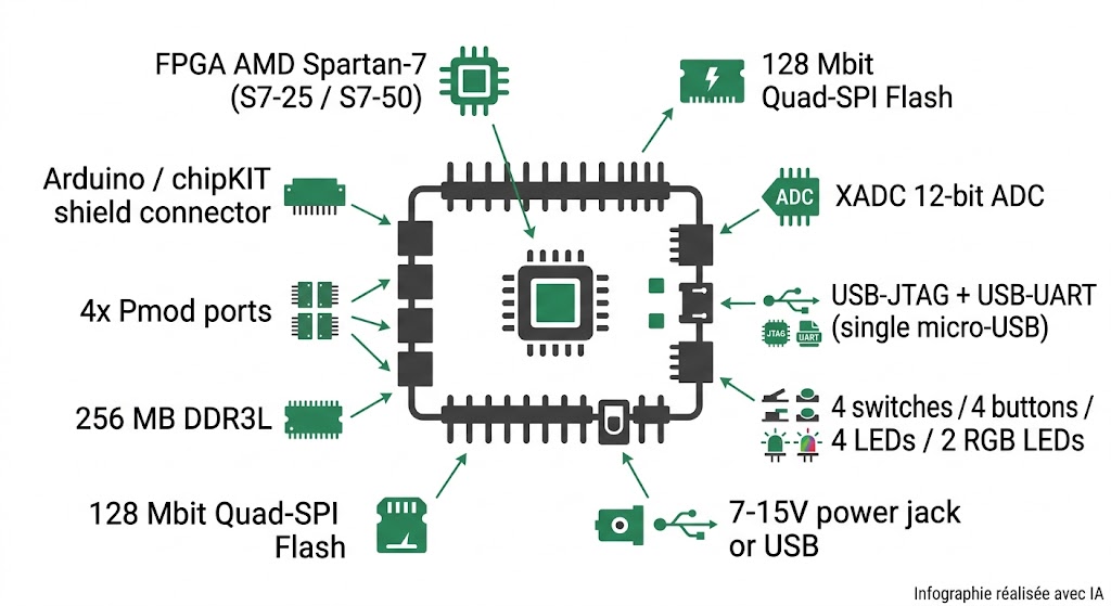 Spécifications visuelles de la carte FPGA Arty S7 : Spartan-7, en-têtes Arduino, 4 ports Pmod, DDR3L, XADC, USB-JTAG