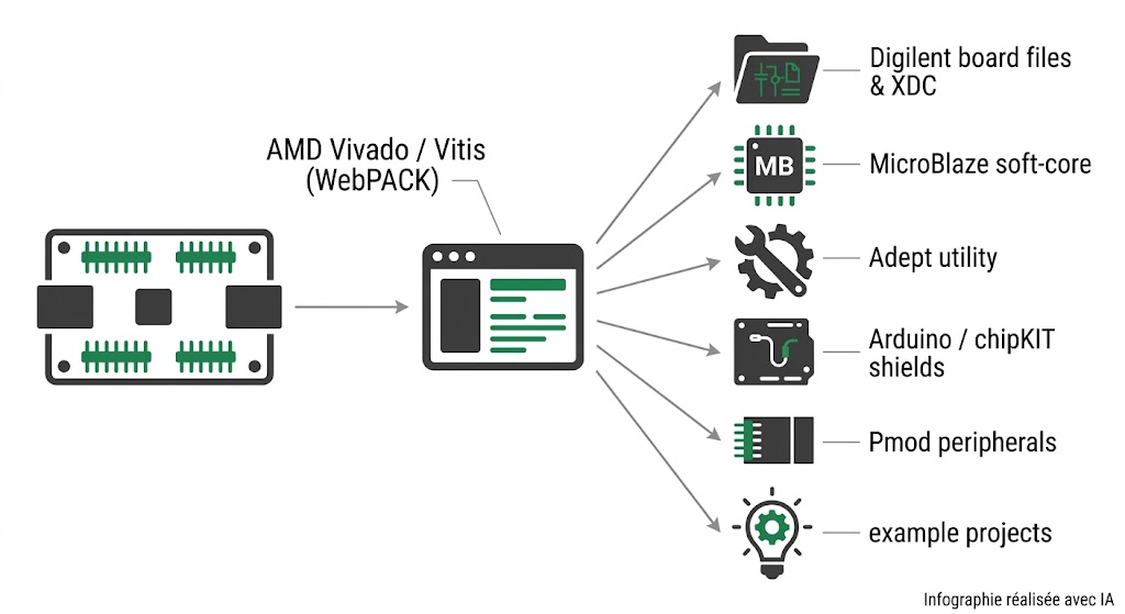Chaîne d'outils de l'Arty S7 : Vivado, Vitis, MicroBlaze, Adept, shields Arduino et modules Pmod