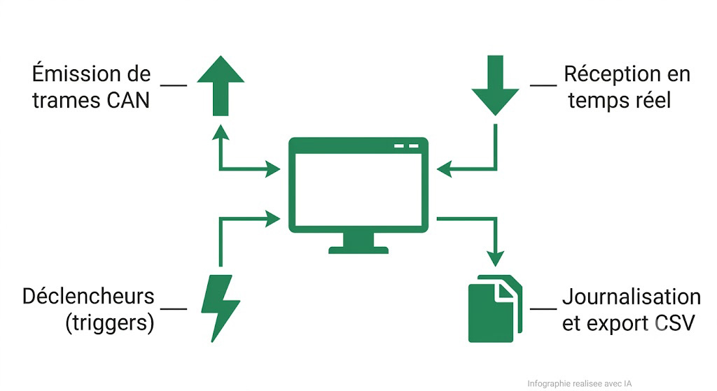 Fonctions du logiciel CAN Monitor : émission, réception, enregistrement et déclencheurs de trames CAN
