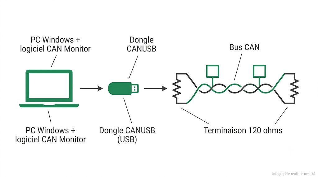 Chaîne de mesure CAN Monitor : PC Windows, dongle CANUSB en USB, puis bus CAN