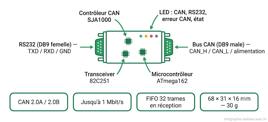 Spécifications visuelles du convertisseur RS232 vers CAN Lawicel CAN232