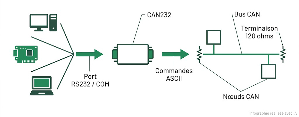 Chaîne d'intégration : hôte RS232, CAN232 et bus CAN terminé en 120 ohms