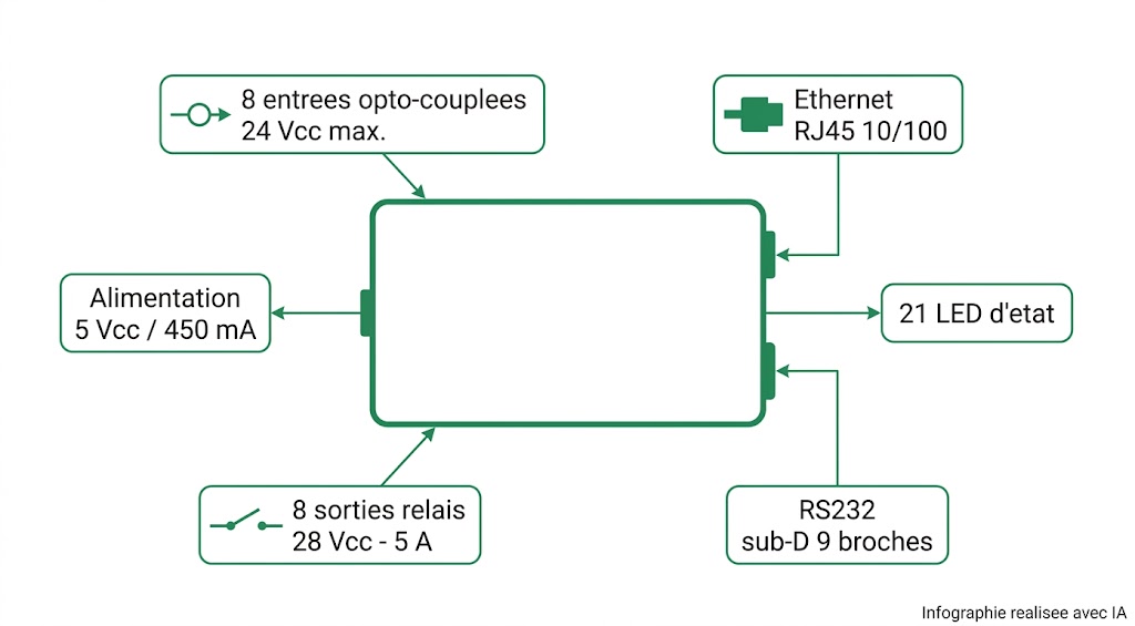 Interfaces du CIE-H10G : 8 entrées opto-couplées, 8 sorties relais, Ethernet RJ45 et RS232