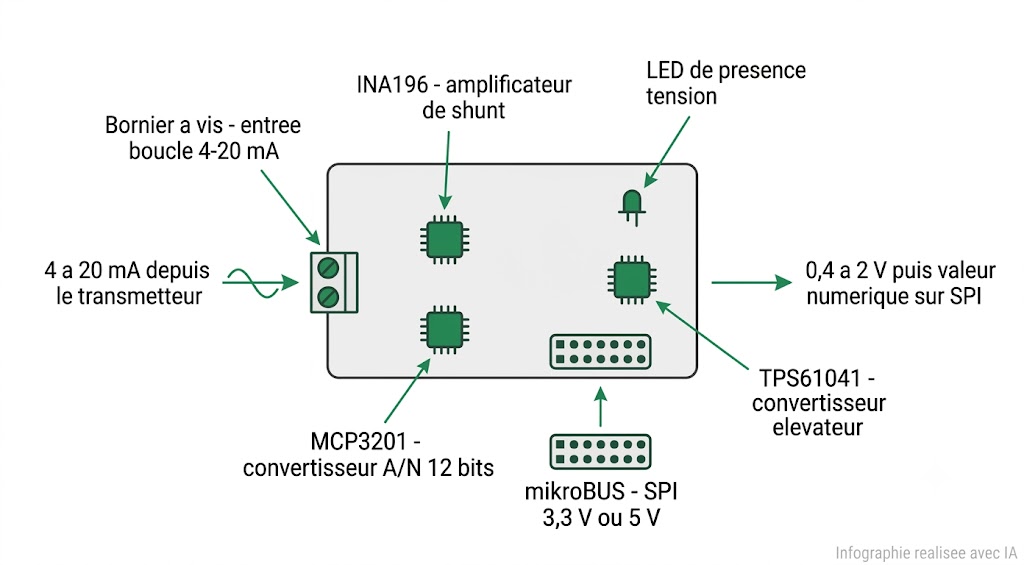 Spécifications du Click 4-20 mA R : bornier à vis, INA196, MCP3201, connecteur mikroBUS
