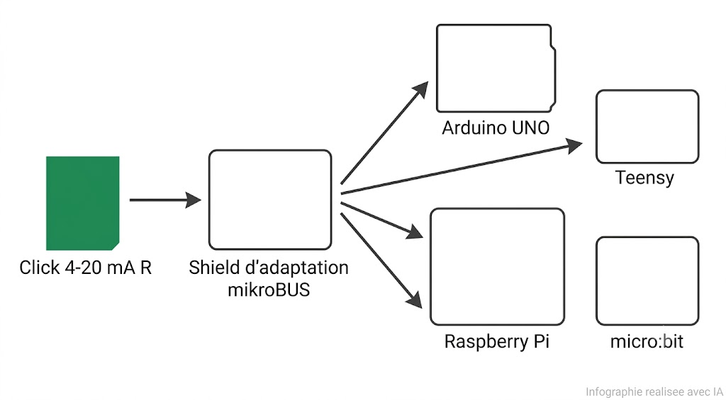 Click 4-20 mA R avec shield d'adaptation pour Arduino, Raspberry Pi, micro:bit et Teensy