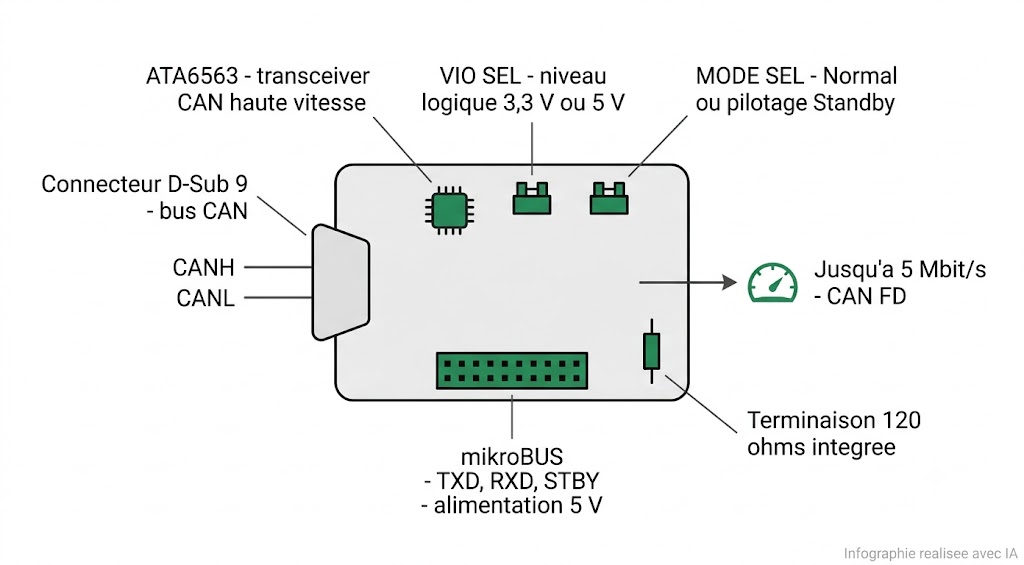 Spécifications de l'ATA6563 Click : transceiver CAN, connecteur D-Sub 9, cavaliers VIO et MODE, mikroBUS