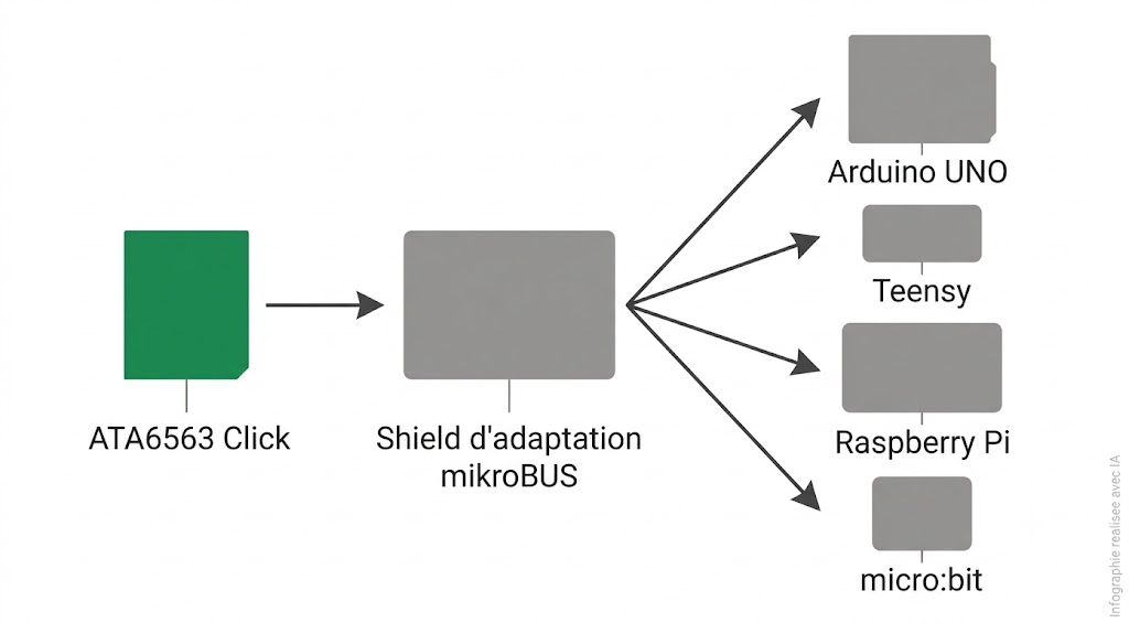 ATA6563 Click avec shield d'adaptation pour Arduino, Raspberry Pi, micro:bit et Teensy