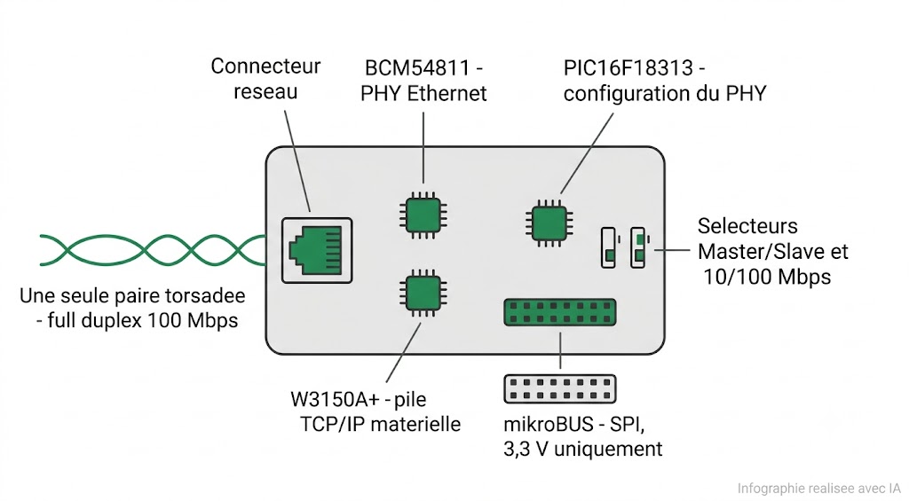 Spécifications du BroadR-Reach Click : PHY BCM54811, pile TCP/IP W3150A+, connecteur réseau, mikroBUS