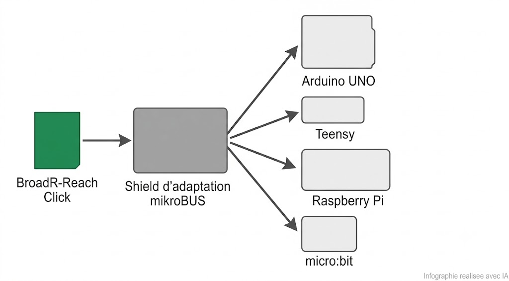 BroadR-Reach Click avec shield d'adaptation pour Arduino, Raspberry Pi, micro:bit et Teensy