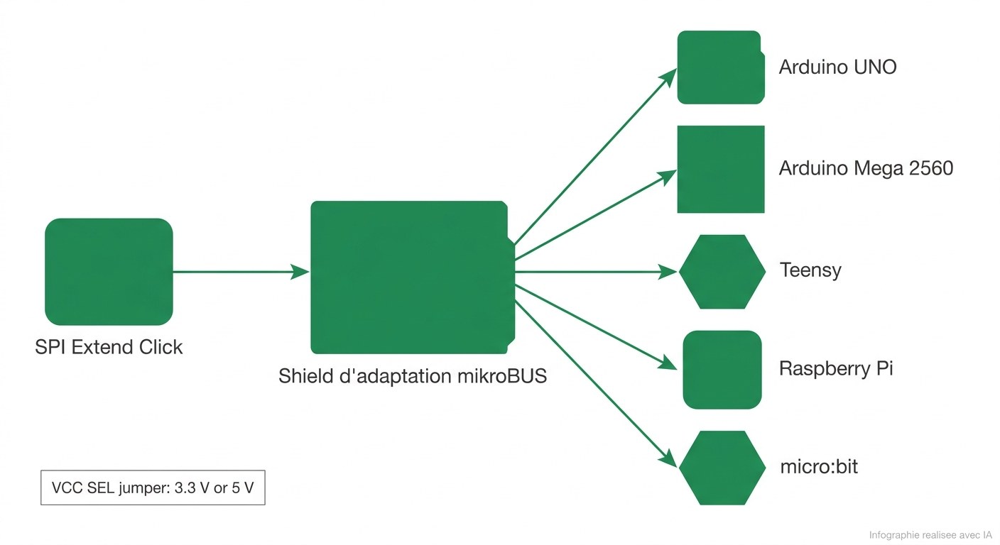 SPI Extend Click avec shield d'adaptation pour Arduino, Raspberry Pi, micro:bit et Teensy