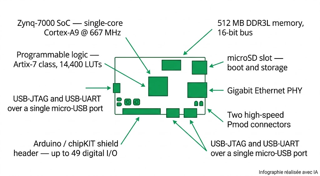 Spécifications de la platine Cora Z7-07S : SoC Zynq-7000, mémoire DDR3L, connecteurs Pmod et shield Arduino