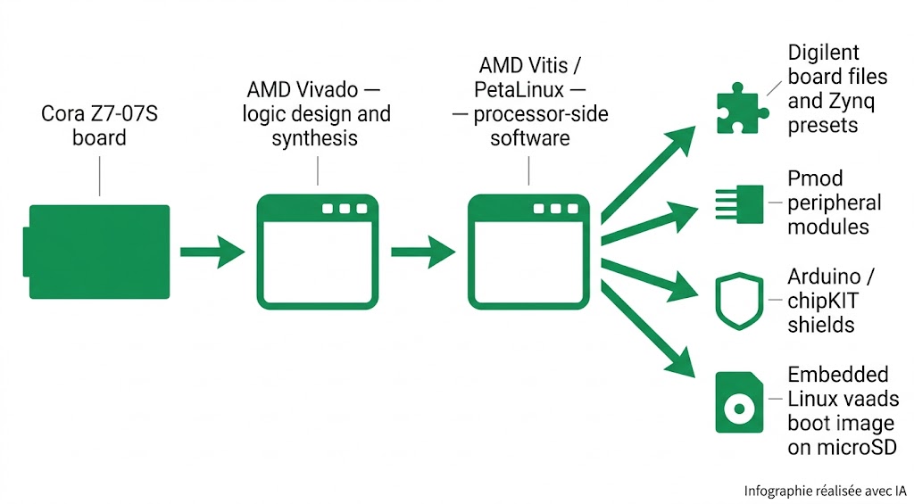 Chaîne d'outils de la Cora Z7-07S : Vivado, Vitis, PetaLinux, board files et modules Pmod