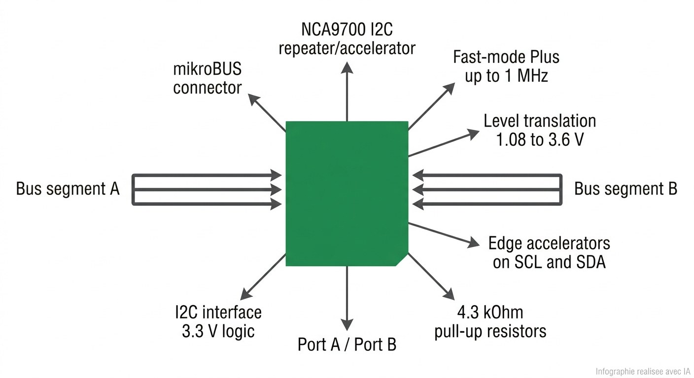 Spécifications visuelles du I2C Repeater Click MIKROE-6785 avec NCA9700 et connecteur mikroBUS