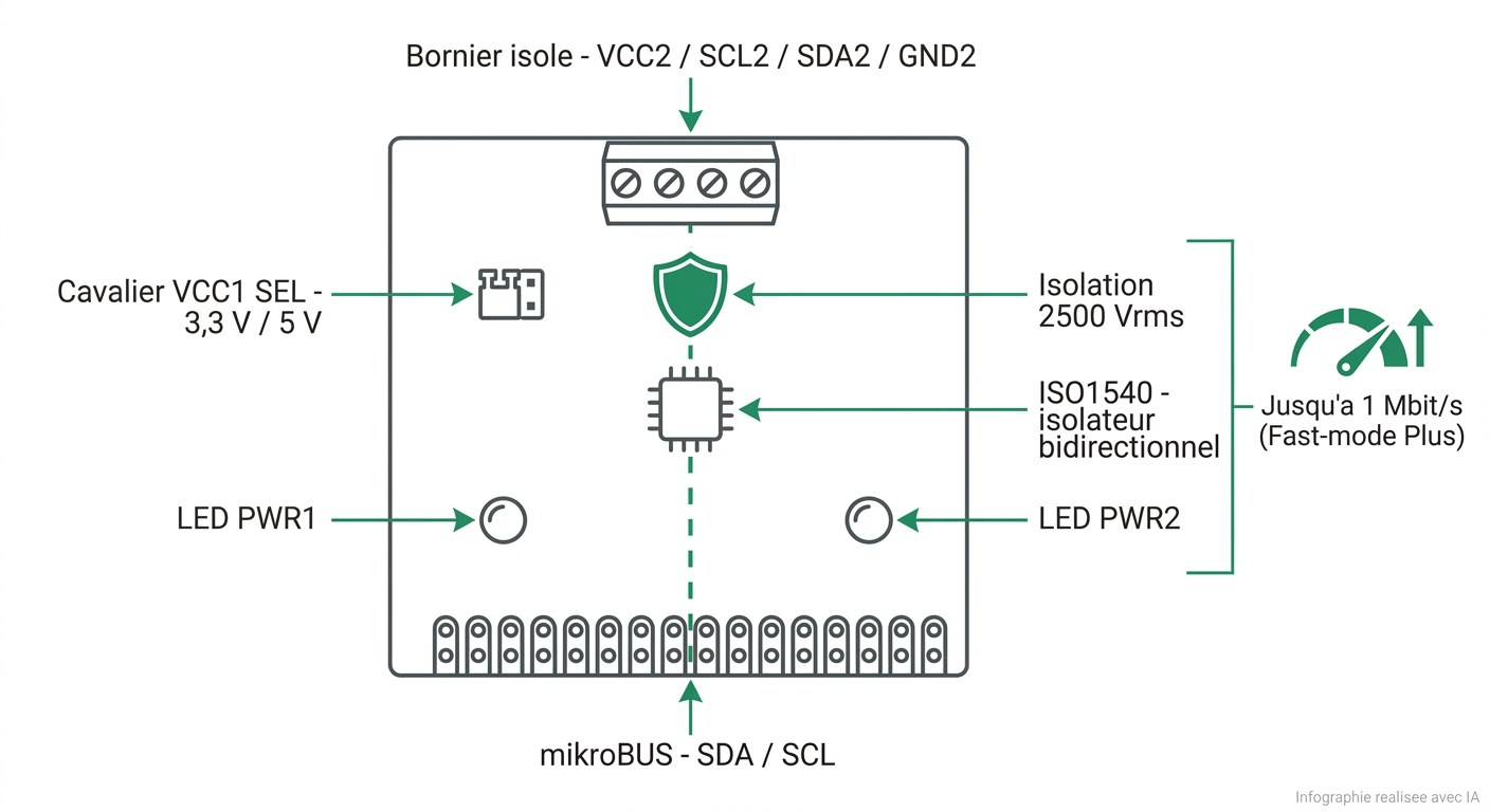 Spécifications du I2C Isolator Click MIKROE-1878 avec isolateur ISO1540