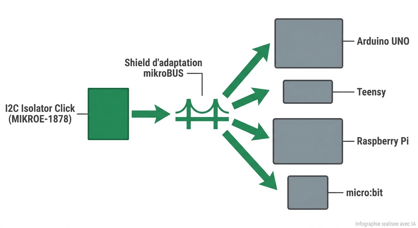 I2C Isolator Click MIKROE-1878 avec shield d'adaptation pour Arduino, Raspberry Pi, micro:bit et Teensy