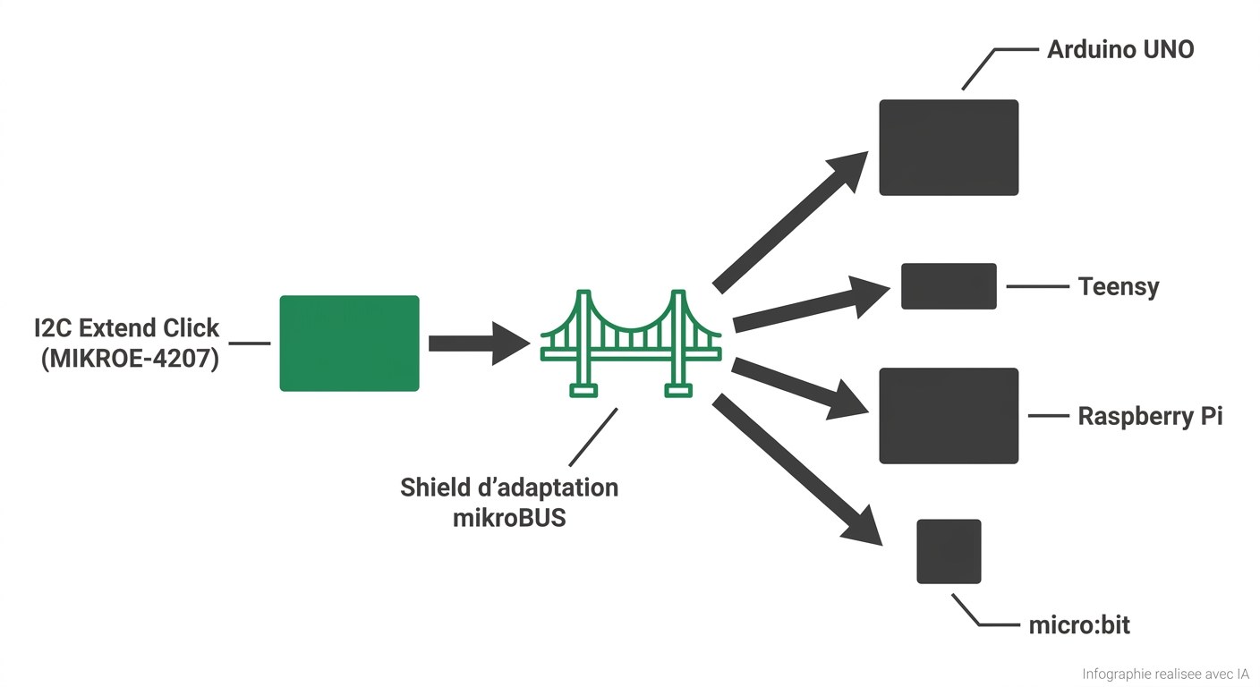 I2C Extend Click MIKROE-4207 avec shield d'adaptation pour Arduino, Raspberry Pi, micro:bit et Teensy