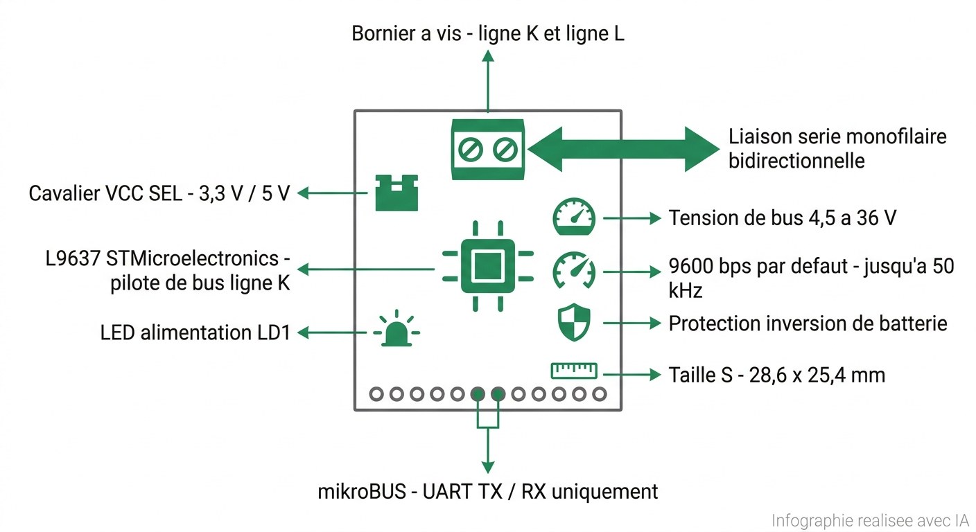Spécifications du ISO 9141 Click MIKROE-4331 avec transceiver K-Line L9637