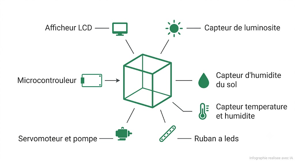 Composition de la mini serre automatisée intelligente : carte Arduino Uno, shield Grove, capteurs et actionneurs
