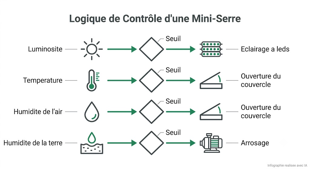 Logique de régulation de la mini serre : seuils de luminosité, température, humidité ambiante et humidité de la terre