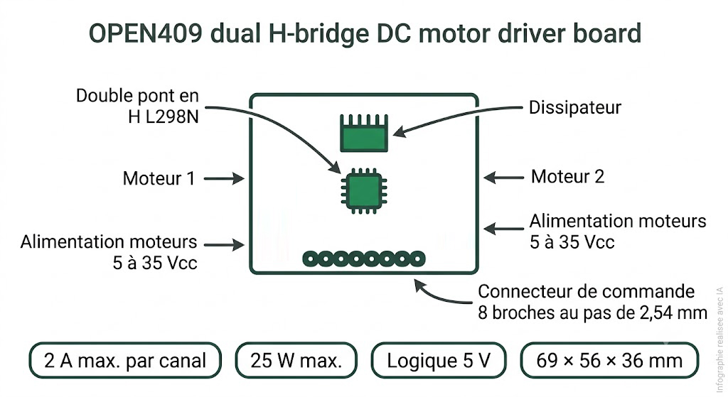 Spécifications visuelles du module driver de moteurs OPEN409 à double pont en H L298N