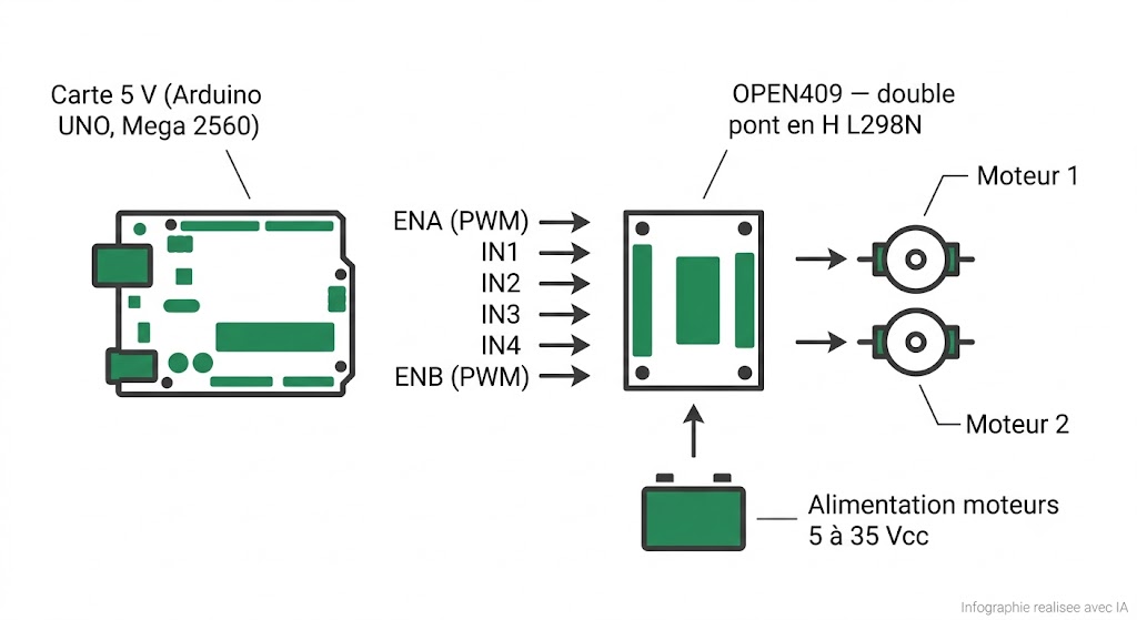 Raccordement d'une carte 5 V au module OPEN409 et aux deux moteurs