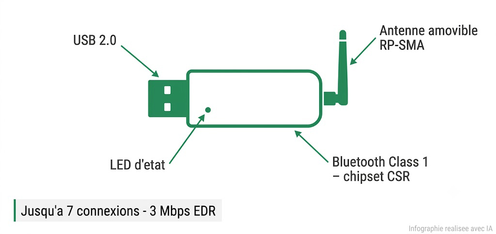 Spécifications visuelles de l'adaptateur USB Bluetooth Parani  UD100-G03