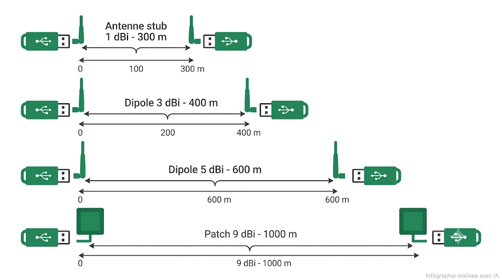 Portée du Parani  UD100-G03 selon l'antenne : 300 m stub, 600 m dipôle 5 dBi, 1000 m patch 9 dBi