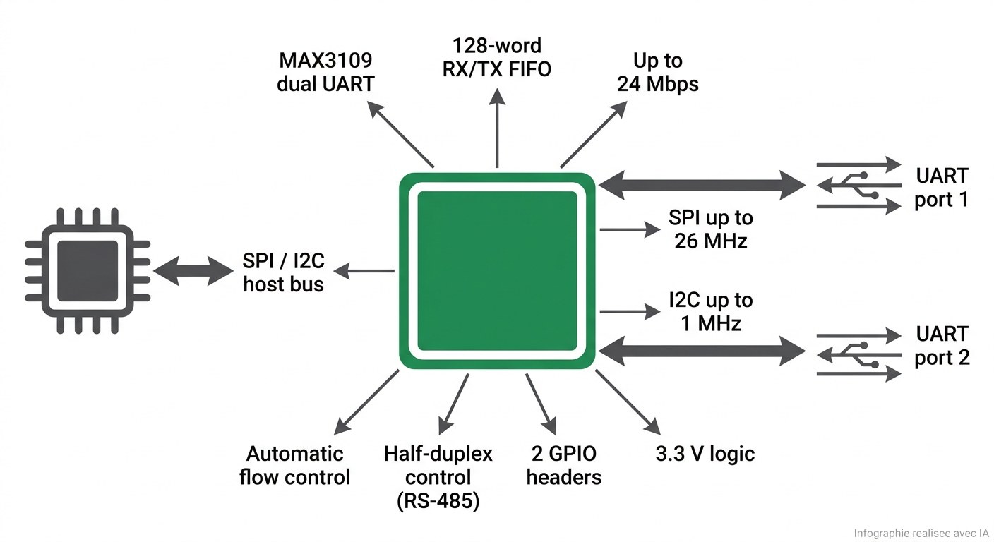 Spécifications visuelles du UART I2C/SPI 2 Click MIKROE-6827 avec MAX3109 et connecteur mikroBUS