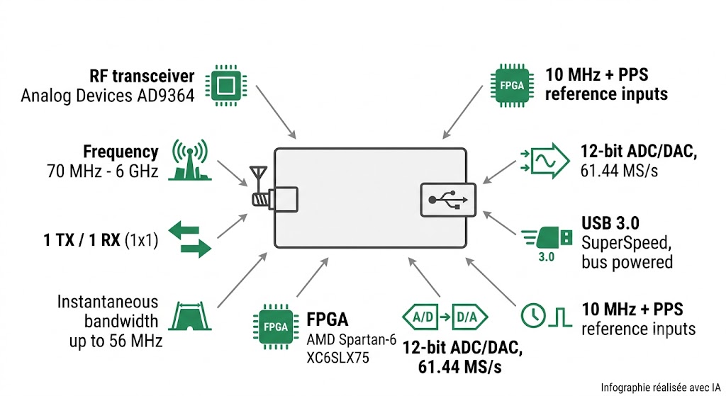 Spécifications visuelles de la plate-forme SDR Ettus USRP B200 : couverture 70 MHz-6 GHz, transceiver AD9364, FPGA Spartan-6, USB 3.0