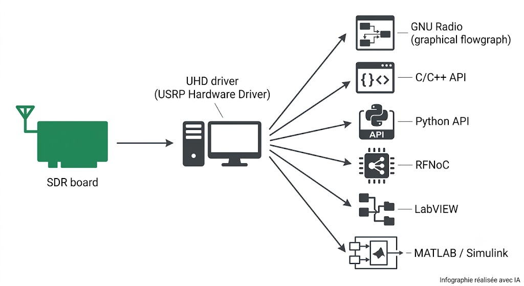Chaîne d'outils de l'USRP B200 : pilote UHD, GNU Radio, API C++ et Python, RFNoC, LabVIEW, MATLAB