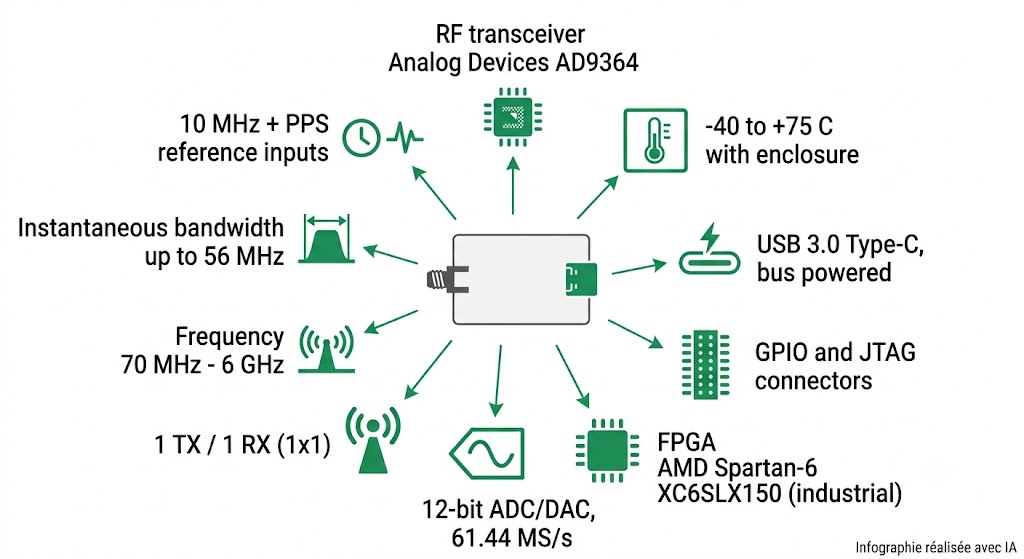 Spécifications visuelles de la plate-forme SDR Ettus USRP B206mini-i : 70 MHz-6 GHz, AD9364, Spartan-6 XC6SLX150, USB 3.0 Type-C