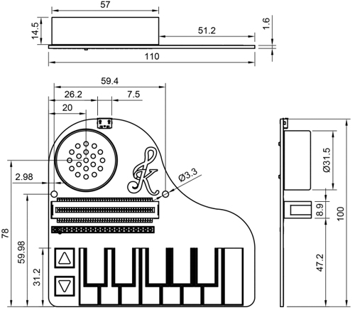 Dimensions de la platine Kitronik :KLEF Piano