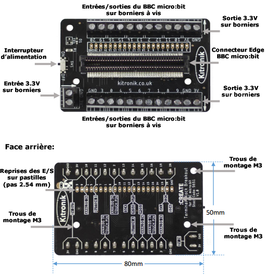 Détail de la platine bornier KITRO5651 pour micro:bit