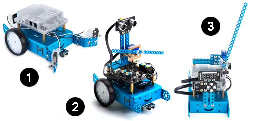 Détail des 3 premières possibilités de montage du pack Variety Gizmos pour le mbot