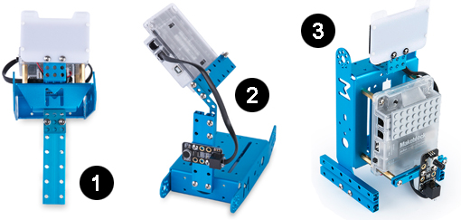 Détail des 3 premières possibilités de montage du pack Perception Gizmos pour le mbot