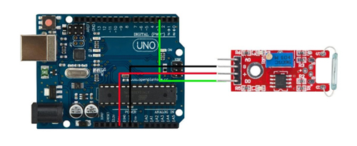 Exemple de raccordement du module contact ILS OPENSE015 sur un Arduino
