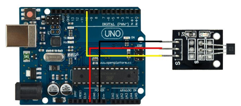 Exemple de raccordement du module capteur effet hall OPENSE054 sur un Arduino